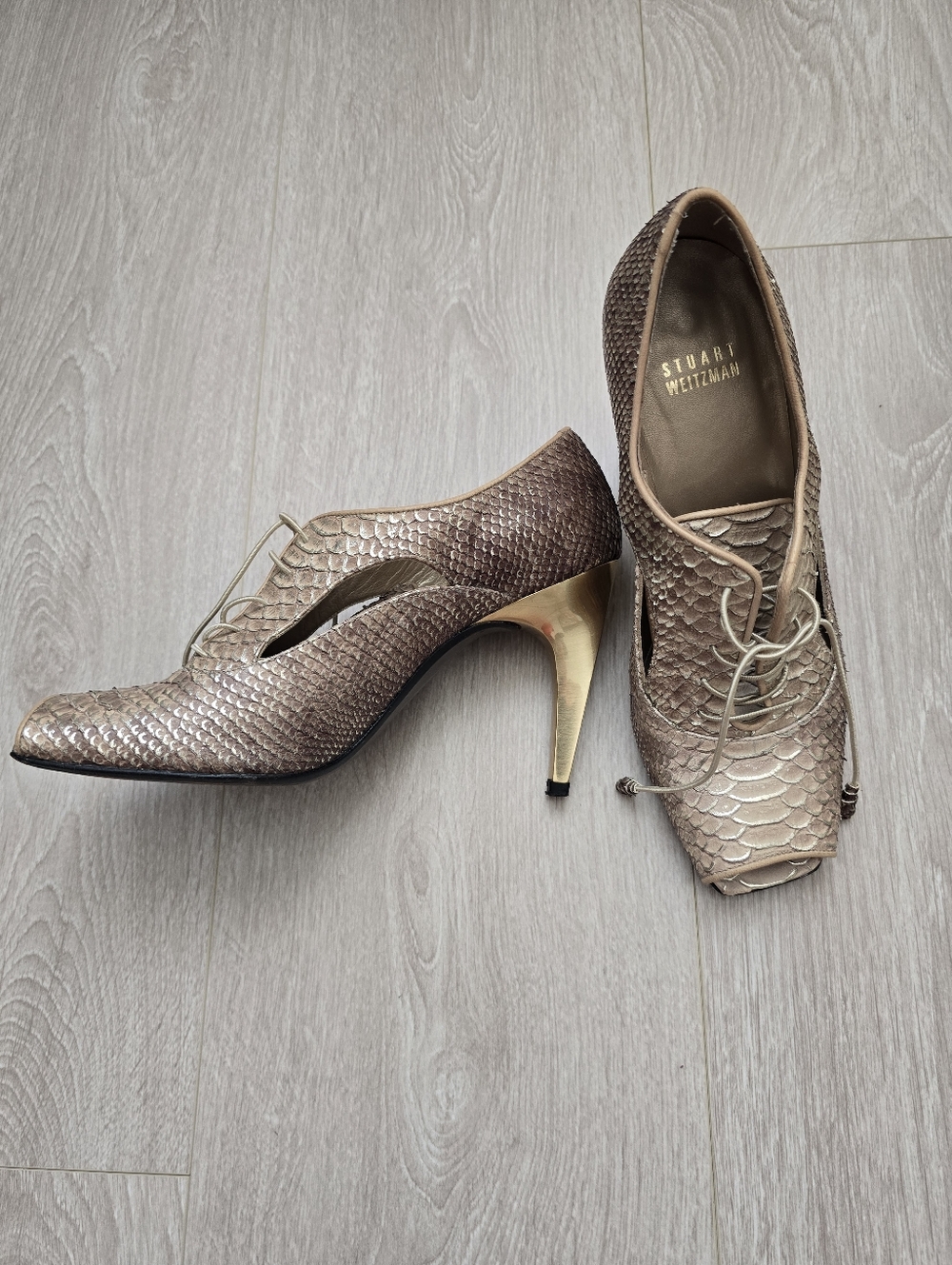 Stuart Weitzman Women's Metallic Brown Lace-Up Peep Toe Booties Size 8 Leather
